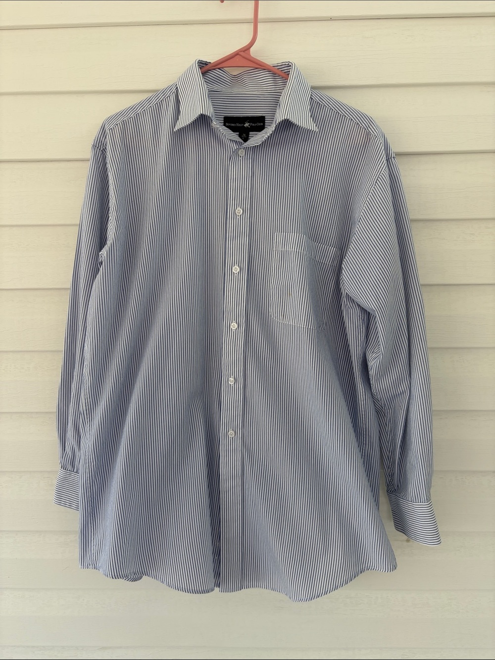 Beverly Hills Polo Club Blue White Striped Button Down Shirt Size 16 L